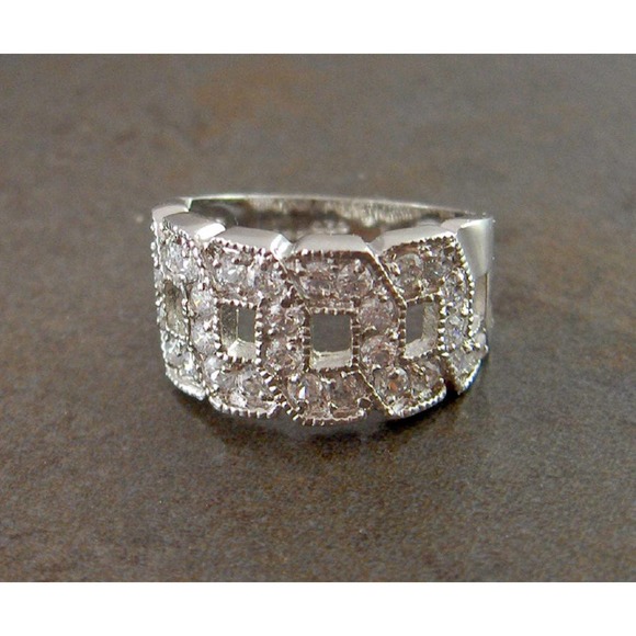 Sterling Silver CZ Wide Band Ring Size 7 Geometric Pave - Picture 4 of 5
